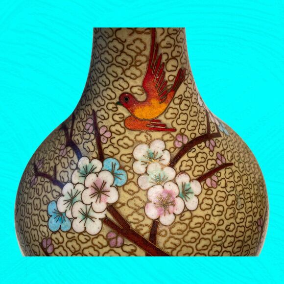 Vintage Asian Cloisonne Vase Bottle Bird Cherry Blossoms 9" Tall READ - Picture 10 of 11